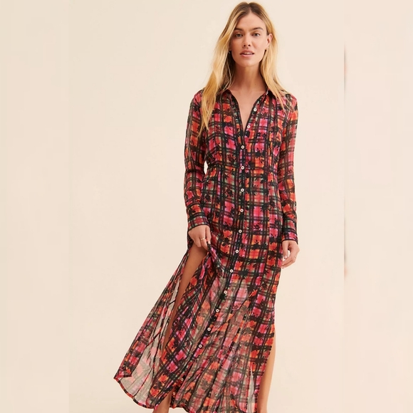 Free People Dresses & Skirts - Free People Jerra Shirt Dress In Pink Long Sleeve Button Down Plaid Maxi Dress